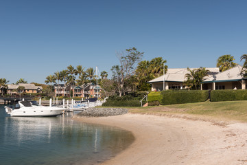 Residential area with personal moorings for boats on the Gold Coast, Queensland, Australia.