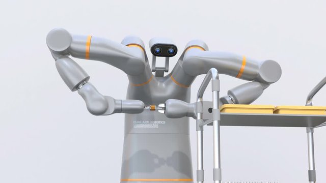 Dual-arm robot assembly printed circuit boards in cell-production space. Collaborative robot concept. 3D rendering image.