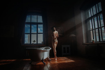 Women in dress standing in old decorated room with bath