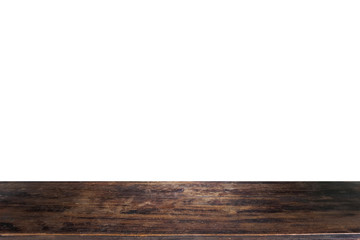 Empty wooden table on white background.