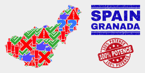 Symbol Mosaic Granada Province map and seal stamps. Red rounded 100% Potence grunge seal stamp. Colored Granada Province map mosaic of different scattered elements. Vector abstract combination.