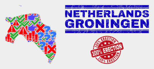 Sign Mosaic Groningen Province map and seal stamps. Red rounded 100% Erection textured seal stamp. Bright Groningen Province map mosaic of different scattered icons. Vector abstract composition.