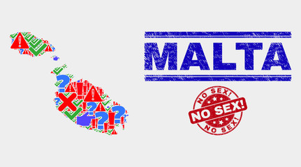Symbolic Mosaic Malta map and seal stamps. Red round No Sex! scratched seal. Colorful Malta map mosaic of different random elements. Vector abstract combination.
