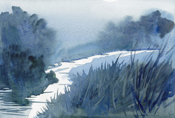 winter landscape with lake and trees watercolor artwork painting