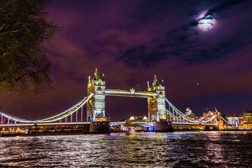 Night view of Tower Bridge in London, UK.