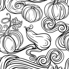Black and white autumn vector seamless pattern. Pumpkins, raindrops and autumn leaves background.