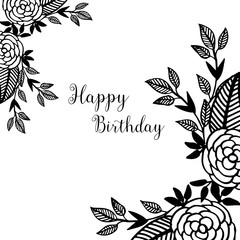 Template greeting card happy birthday, with decoration branches leaves and elegant flower frame. Vector