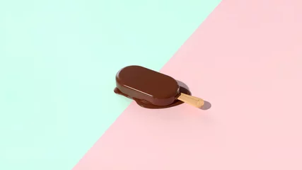  Chocolate Ice Cream Background. Summer Mood. Creative Minimalist Concept for Sale Banner, Fashion Poster, Advertising Backdrop. Trendy Vibrant Pop Art Style.. Flat Lay, Top View. 3D Illustration. © kabzarchyk