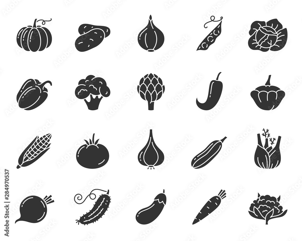 Wall mural vegetable food black silhouette icons vector set