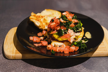 vegan burger recipe with diced tomato and charred kale