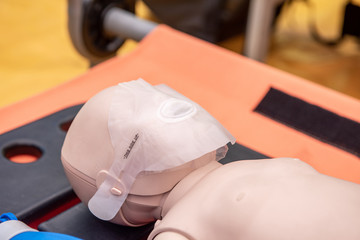 CPR Airway Management Training medical procedure AED and bag mask valve , Demonstrating chest...