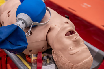CPR Airway Management Training medical procedure AED and bag mask valve , Demonstrating chest...