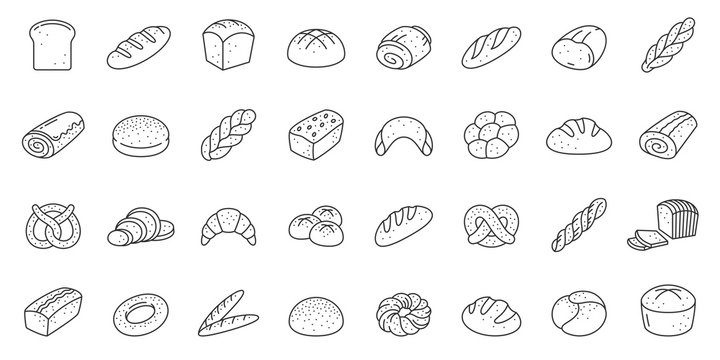 Bread bakery baking loaf thin line icon vector set
