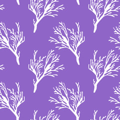 Fototapeta na wymiar Seamless pattern with glowing coral sea reef on purple background. Pantone trend colors of climate change. Hand drawn illustration. Perfect for wrapping paper, print, textile