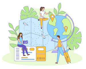 People globe map ticket bag filled outline vector