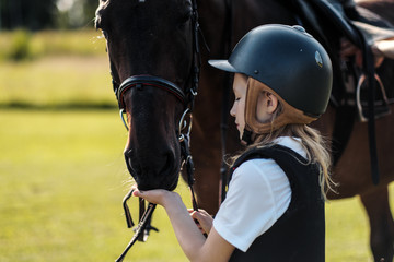 Fototapeta na wymiar Girl teenager jockey sits on a brown horse in nature.