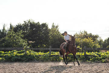 Girl teenager jockey trains on the field and at the hippodrome.