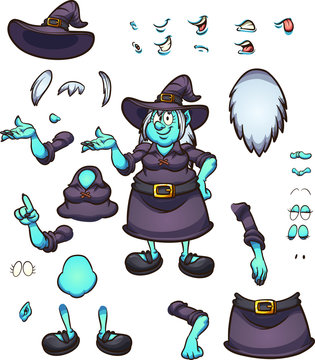 Cartoon Halloween witch character with different  face expressions and poses, ready for animation. Vector illustration with simple gradients. Some elements on separate layers. 