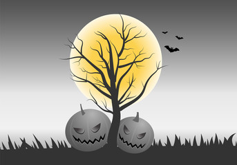 Happy Halloween. Pumpkins and bats with tree  in background