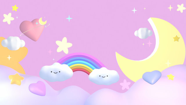 3d rendering picture of sweet cartoon sky, rainbow clouds, stars, crescent moon, and heart shaped planet.
