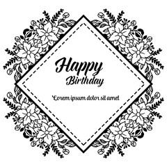 Ornate silhouette of flower frame, design cute card happy birthday. Vector