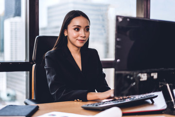 Businesswoman working with laptop computer.creative business people planning at modern work loft