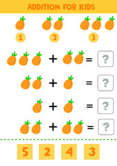 Educational math children game. Addition with pineapples for kids.