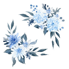 Watercolor hand drawn arrangements. Blue and black bouquet.