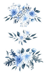 Fototapeta na wymiar Watercolor hand drawn arrangements. Blue and black bouquet.