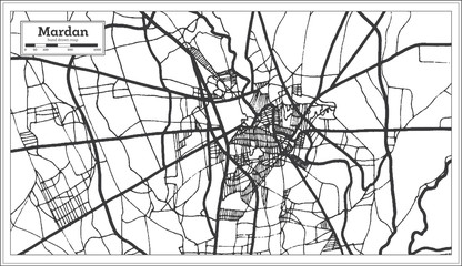 Mardan Pakistan City Map in Retro Style in Black and White Color. Outline Map.