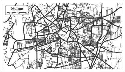 Multan Pakistan City Map in Retro Style in Black and White Color. Outline Map.
