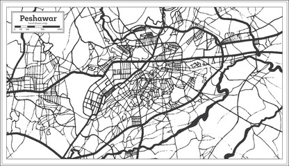 Peshawar Pakistan City Map in Retro Style in Black and White Color. Outline Map.