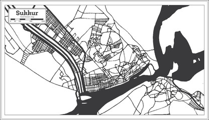 Sukkur Pakistan City Map in Retro Style in Black and White Color. Outline Map.