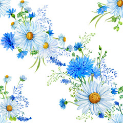 Fototapeta premium Seamless pattern. Flowers chamomile and cornflowers,daisies .For printing on textiles,Wallpaper.Illustration watercolor