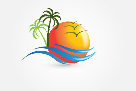 Sun and waves tropical card logo vector image web template