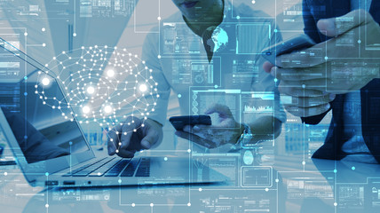 AI, artificial intelligence conceptual with computer interface of business team, big data management use AI technology computing