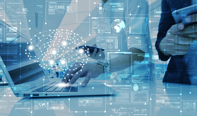 AI, artificial intelligence conceptual with computer interface of business team, big data management use AI technology computing