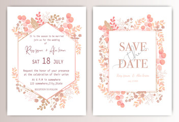 wedding invitation card with colourful floral and leaves.