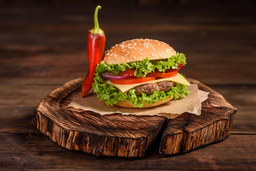 Tasty grilled homemade burger with beef, tomato, cheese, cucumber and lettuce. Delicious grilled burgers. Craft beef burger and french fries on wooden table.
