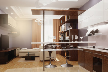 Beautiful modern interior combined living room and kitchen. 3d rendering.