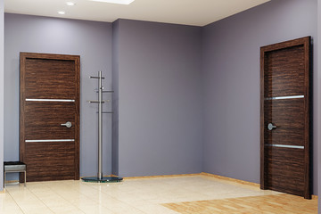 Obraz premium Modern hallway interior , wooden doors and fashionable steel clothes hanger. 3d rendering