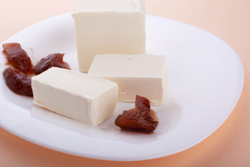 delicate white cheesecake with pear jam