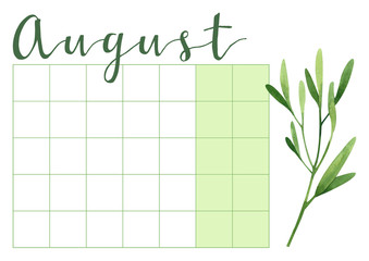 Universal Monthly Planner for August 2020. Week starts on Monday. Hand drawn sprig. Perfect for schedule, organizer, calendar for study, school or work, printable 