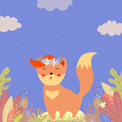 happy fox in flower wreath with ginger forelock