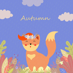 Cute fox in flower wreath in rainy autumn day
