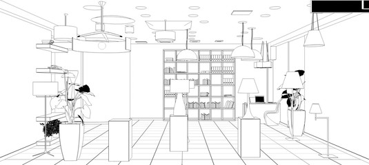 interior, exhibition hall, contour visualization, 3D illustration, sketch, outline