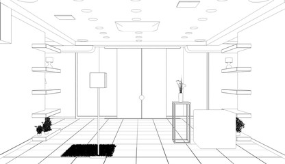 interior, exhibition hall, contour visualization, 3D illustration, sketch, outline