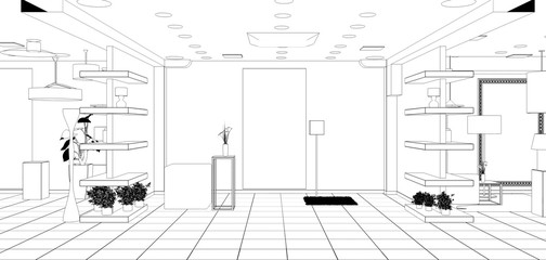 interior, exhibition hall, contour visualization, 3D illustration, sketch, outline