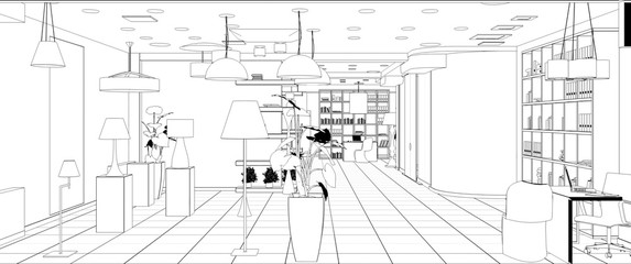 interior, exhibition hall, contour visualization, 3D illustration, sketch, outline
