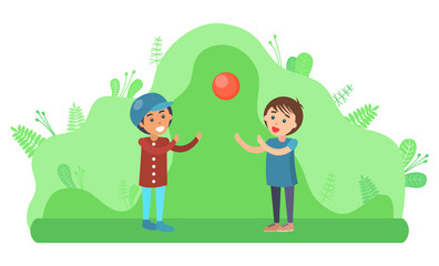 Children having fun in park vector, small kids with inflatable ball. Person throwing toy, entertainment in forest. Characters surrounded by foliage
